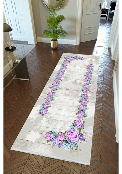 Yolluk Gri Lila Kaymaz Kesme Yıkanabilir Ince Dijital Baskı Koridor Halısı