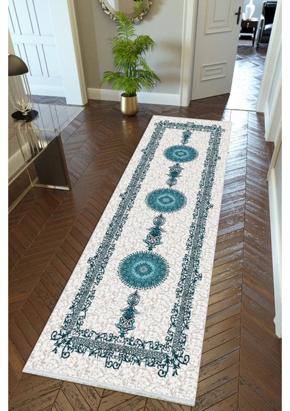 Yolluk Mavi Gri Kaymaz Kesme Yıkanabilir Ince Dijital Baskı Koridor Halısı