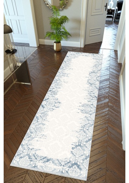 Yolluk Mavi Beyaz Kaymaz Kesme Yıkanabilir Ince Dijital Baskı Koridor Halısı