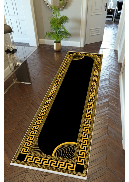 Yolluk Altın Gold Siyah Turuncu Kaymaz Kesme Yıkanabilir Ince Dijital Baskı Koridor Halısı