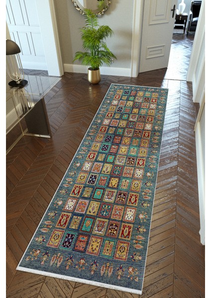 Yolluk Kilim Desenli Otantik Lacivert Kaymaz Kesme Yıkanabilir Ince Dijital Baskı Koridor Halısı