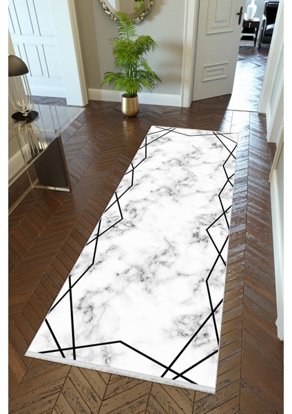 Yolluk Gri Beyaz Siyah Kaymaz Kesme Yıkanabilir Ince Dijital Baskı Koridor Halısı