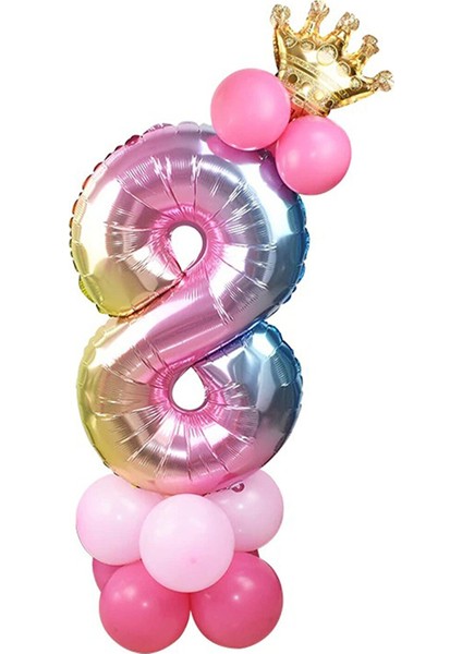 8 Yaş Gökkuşağı Renkleri Rakam Balon Altın Taçlı 8 Rakamlı Balon