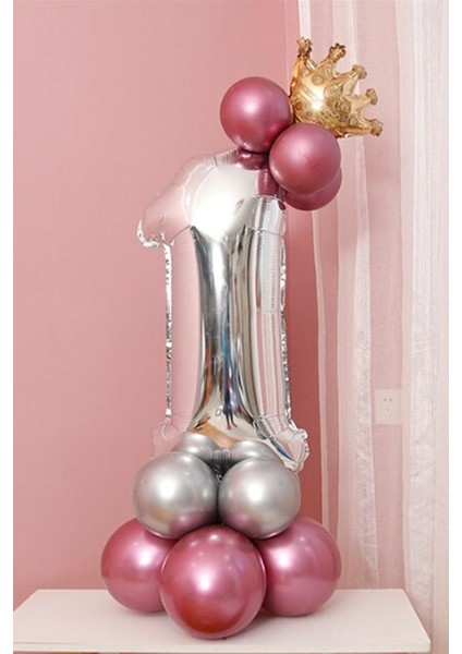 1 Yaş Krom Pembe-Gümüş Renkler Altın Taçlı Balon Seti