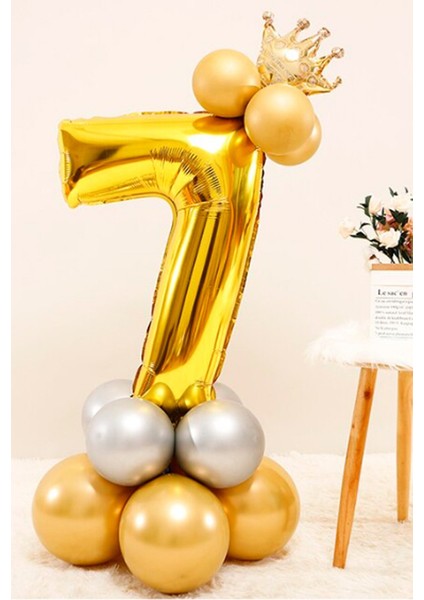 Gold Renk 7 Yaş Krom Gold-Gümüş Renkler Altın Taçlı Balon Seti