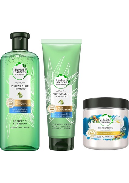 Herbal Essence Şampuan Bamboo 380ML + Herbal Essences Sülfatsız Güç ve Nem Aloe + Bambu Şampuan Saç Bakım Kremi 275 ml + Herbal Essences Onarıcı Saç Maskesi Fas Argan Yağı 250ML