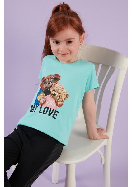 Baskılı Bisiklet Yaka Pamuklu T Shirt Kız Çocuk T Shirt 6211034