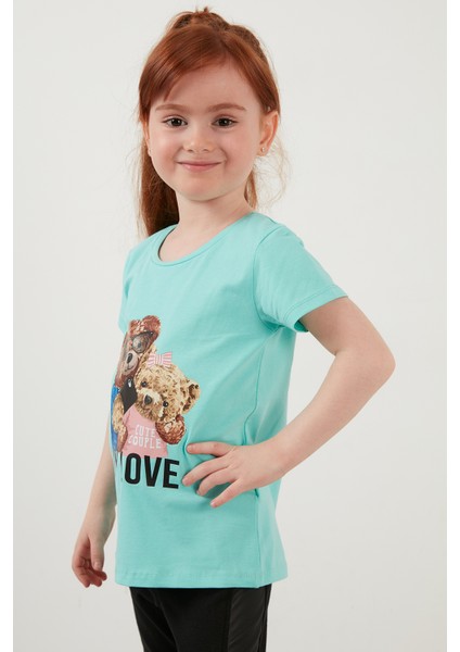 Baskılı Bisiklet Yaka Pamuklu T Shirt Kız Çocuk T Shirt 6211034