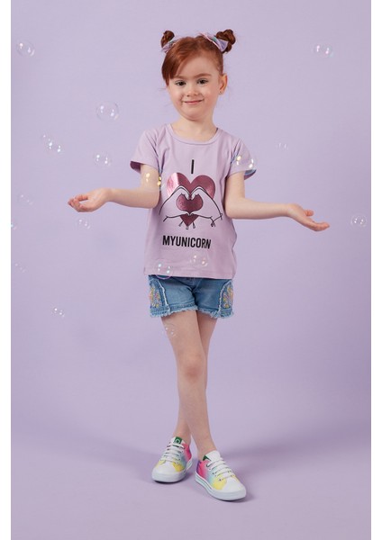 Baskılı Bisiklet Yaka Pamuklu T Shirt Kız Çocuk T Shirt 6211027