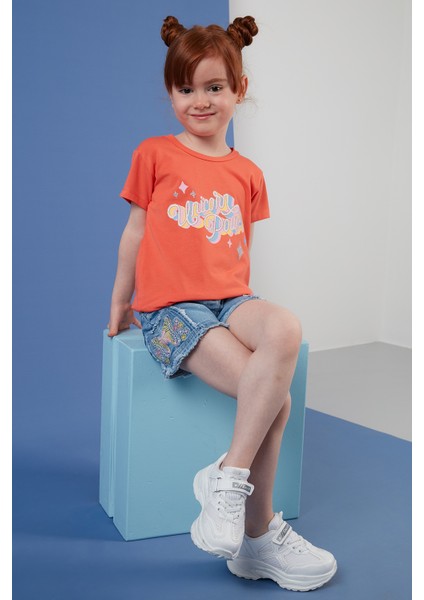 Baskılı Bisiklet Yaka Pamuklu T Shirt Kız Çocuk T Shirt 6211028