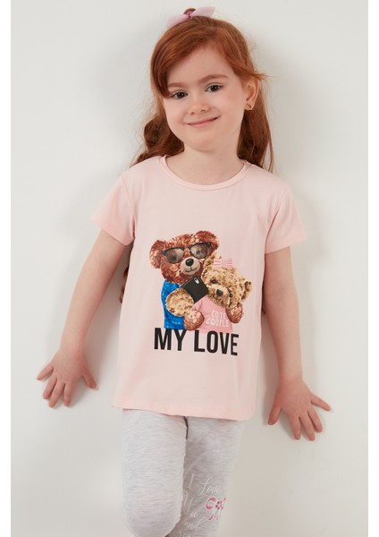 Baskılı Bisiklet Yaka Pamuklu T Shirt Kız Çocuk T Shirt 6211034
