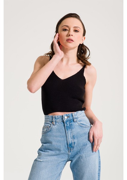 Siyah Selanik Örgü Triko Crop
