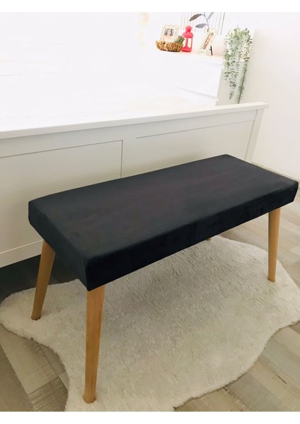 Web Panya Webpanya Gürgen Retro Ahşap Ayaklı Handmade Antrasit Kumaş Puf Bench Koltuk Sandalye