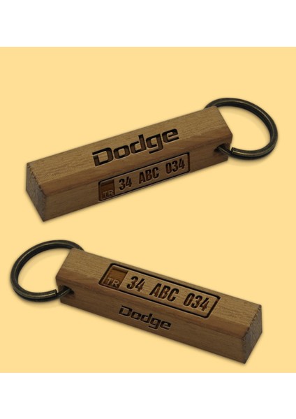 Kişiye Özel Plakalı Dodge Logolu Ahşap Dikdörtgen Bar Anahtarlık Model 1