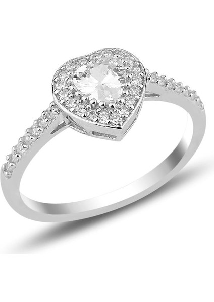 Gümüş Rodyumlu Pırlanta Kalp Yüzük 925 Ayar Şık Tasarım