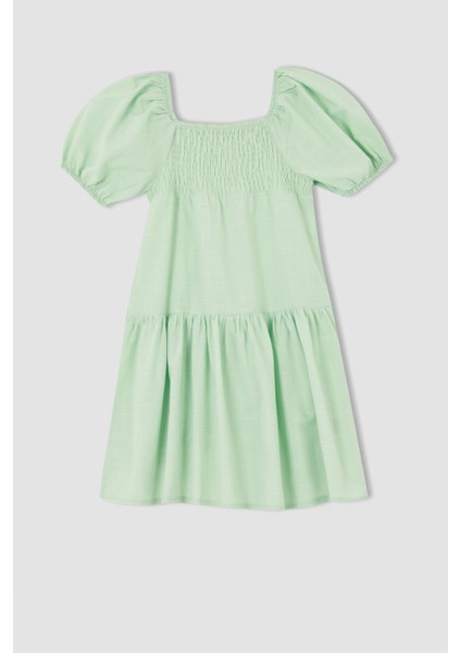 Kız Çocuk Relax Fit Kare Yaka Kısa Kollu Gipeli Pamuklu Poplin Elbise X6983A622SM fırsatları