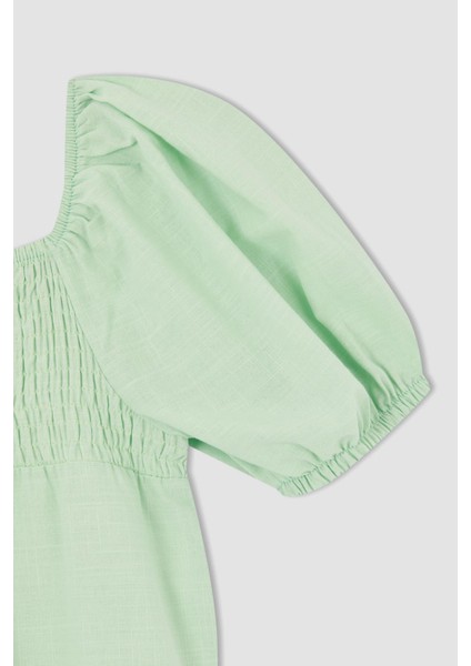 Kız Çocuk Relax Fit Kare Yaka Kısa Kollu Gipeli Pamuklu Poplin Elbise X6983A622SM indirimleri