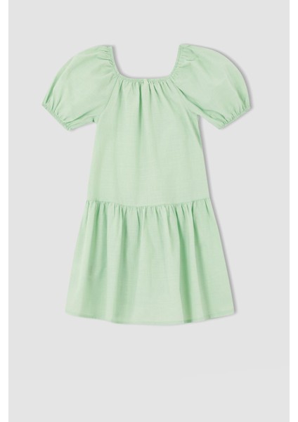 Kız Çocuk Relax Fit Kare Yaka Kısa Kollu Gipeli Pamuklu Poplin Elbise X6983A622SM