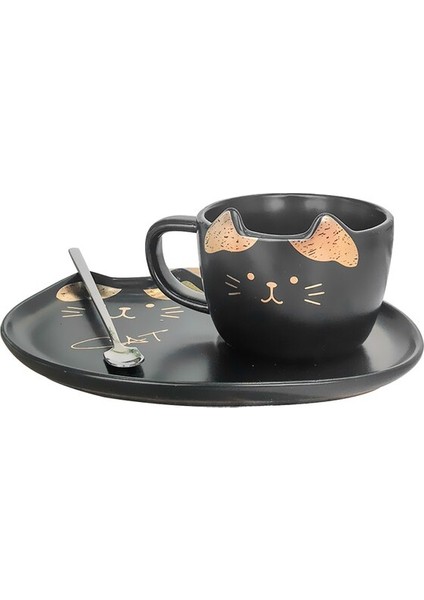 Kedi Seramik Kahve Fincanı Mat ve Kapak ile Set Kaşık Süt Kupası Kahvaltı Sofra Seti Çift Kupa Doğum Günü Hediyesi | Kupalar