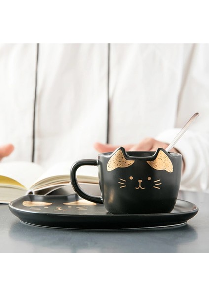 Kedi Seramik Kahve Fincanı Mat ve Kapak ile Set Kaşık Süt Kupası Kahvaltı Sofra Seti Çift Kupa Doğum Günü Hediyesi | Kupalar