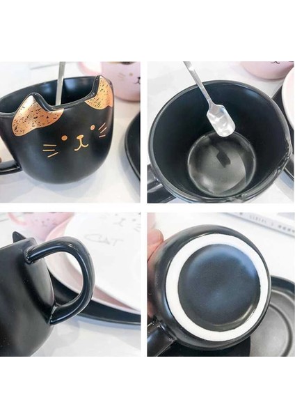 Kedi Seramik Kahve Fincanı Mat ve Kapak ile Set Kaşık Süt Kupası Kahvaltı Sofra Seti Çift Kupa Doğum Günü Hediyesi | Kupalar