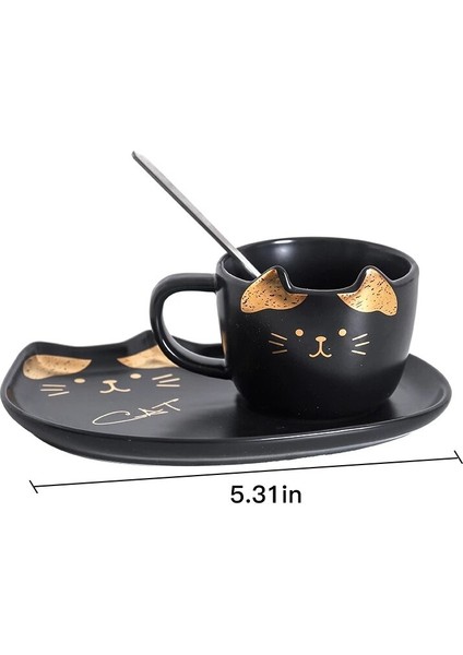 Kedi Seramik Kahve Fincanı Mat ve Kapak ile Set Kaşık Süt Kupası Kahvaltı Sofra Seti Çift Kupa Doğum Günü Hediyesi | Kupalar