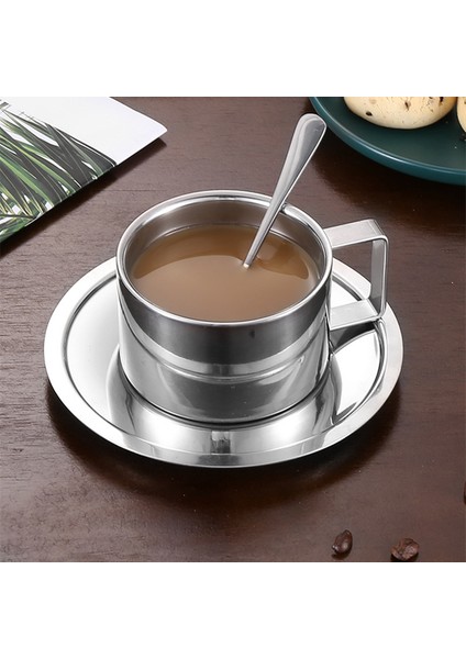 Paslanmaz Çelik Kahve Fincanı ve Tabağı Seti Çift Katmanlı Tumbler Metal Kupa Kahve Yalıtımlı Tumblers Latte Kupalar | Kahve Kupası ve tabak Setleri (Yurt Dışından)
