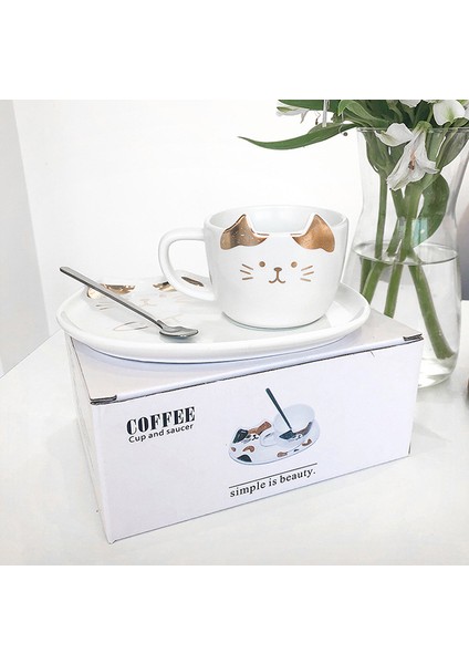 Seramik Kahve Fincanı Tabağı Kaşıkla Set Yaratıcı Sevimli Karikatür Kedi Çay Bardağı Kahvaltı Süt Kahve Kupa Ekmek Tatlı Yemek Hediye | Çay Fincanı