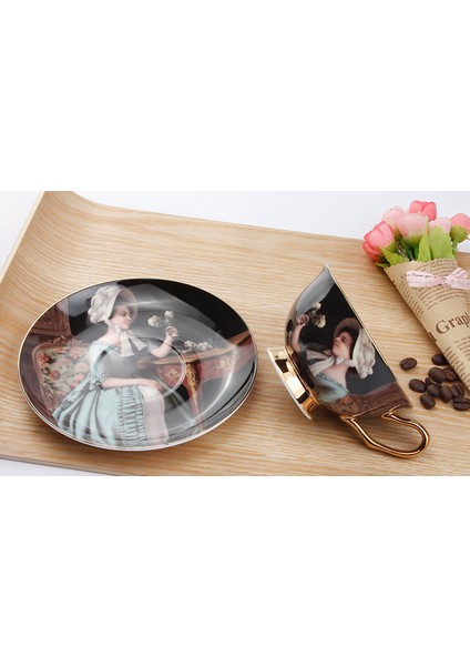Lüks Avrupa Karakter Yağlıboya Kahve Kupa Çıkartması Çay Bardağı Güzel Kemik Çini Kahve Fincanı ve Daire Seti Teacup Tasse Drinkware | Kahve Kupası Setleri(Yurt Dışından)