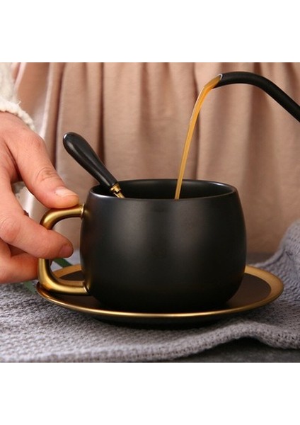 Nordic Buzlu Siyah Altın Kahve Kupa Latte Vintage Basit Seramik Kahve Fincanı Kaşık ve Tabağı ile Set Drinkware | Kahve Kupası Setleri