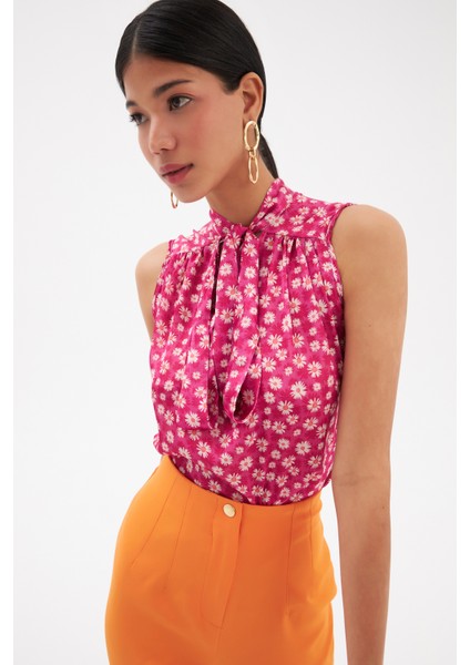 Fular Yaka Desenli Bluz - Fuşya fiyatları