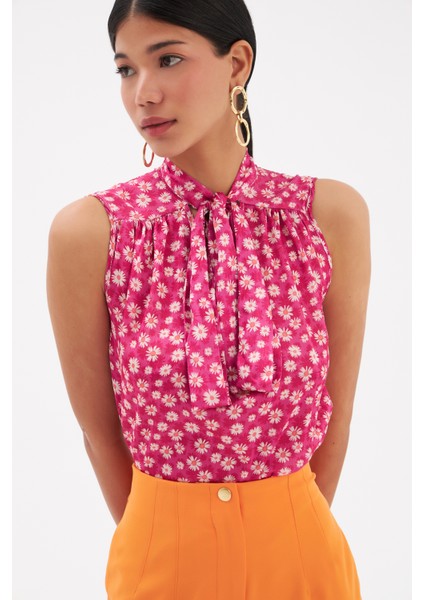 Fular Yaka Desenli Bluz - Fuşya modelleri