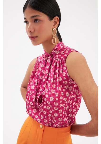 Fular Yaka Desenli Bluz - Fuşya fırsatları
