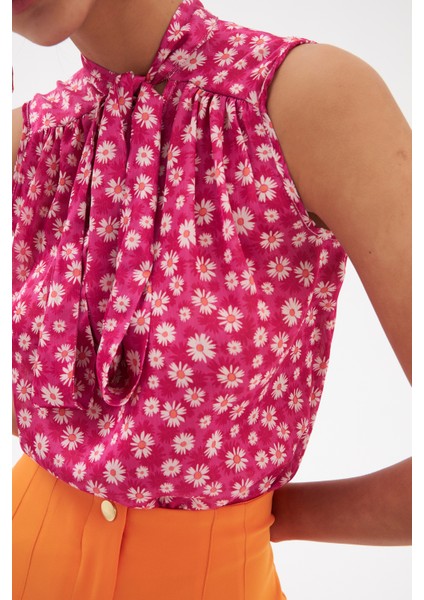 Fular Yaka Desenli Bluz - Fuşya indirimleri