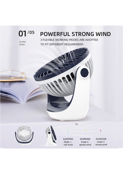 D602 4W USB Şarj Taşınabilir Masaüstü Fan, 3 Hız Kontrolü (Sky Mavisi)