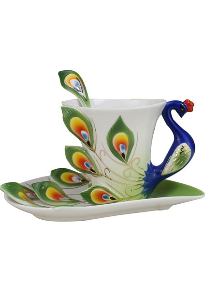3D Renk Emaye Hayvan Kahve Fincanı Tabağı ve Kaşıkla Set Seramik Öğleden Sonra Çay Bardak Porselen Drinkware | Teacups (Yeşil)(Yurt Dışından)