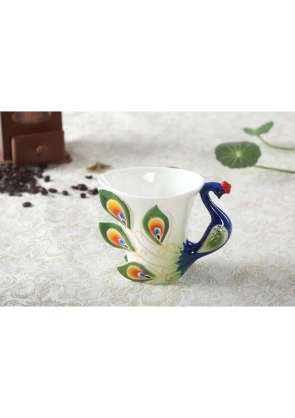 3D Renk Emaye Hayvan Kahve Fincanı Tabağı ve Kaşıkla Set Seramik Öğleden Sonra Çay Bardak Porselen Drinkware | Teacups (Yeşil)(Yurt Dışından)
