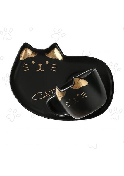 Sacher Kaşık Set ile Seramik Kahve Fincanı Set Yaratıcı Sevimli Karikatür Kedi Çay Kupası Kahvaltı Süt Kahve Kupa Ekmek Tatlı Çanak Hediye | Teacups (Siyah)