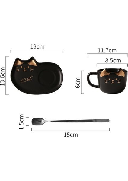 Sacher Kaşık Set ile Seramik Kahve Fincanı Set Yaratıcı Sevimli Karikatür Kedi Çay Kupası Kahvaltı Süt Kahve Kupa Ekmek Tatlı Çanak Hediye | Teacups (Siyah)