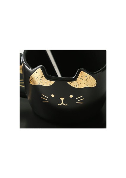 Sacher Kaşık Set ile Seramik Kahve Fincanı Set Yaratıcı Sevimli Karikatür Kedi Çay Kupası Kahvaltı Süt Kahve Kupa Ekmek Tatlı Çanak Hediye | Teacups (Siyah)