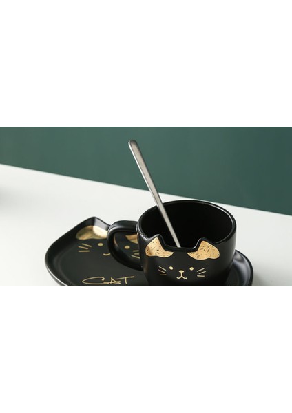 Sacher Kaşık Set ile Seramik Kahve Fincanı Set Yaratıcı Sevimli Karikatür Kedi Çay Kupası Kahvaltı Süt Kahve Kupa Ekmek Tatlı Çanak Hediye | Teacups (Siyah)