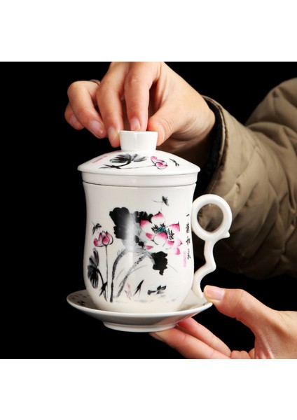Mavi ve Beyaz Porselen Ofis Teacups Kapaklı Filtre Seramik El Boyalı Su Bardağı Ev Drinkware Hediyeler | Çay Bardakları (Pembe)