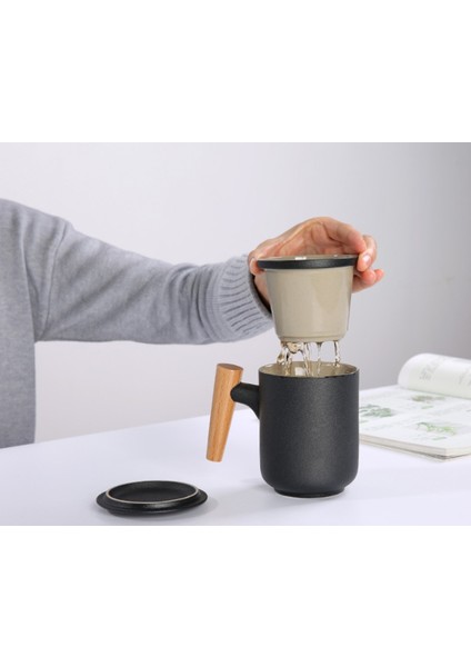 Seramik Çay Bardağı Set Güzel Sevimli Fincan Çin Çaydanlık Filtre ve Kapak ile Yüksek Dereceli Ofis Çay Bardağı Veya Seyahat Çay Seti | Çay Fincanı (Siyah)