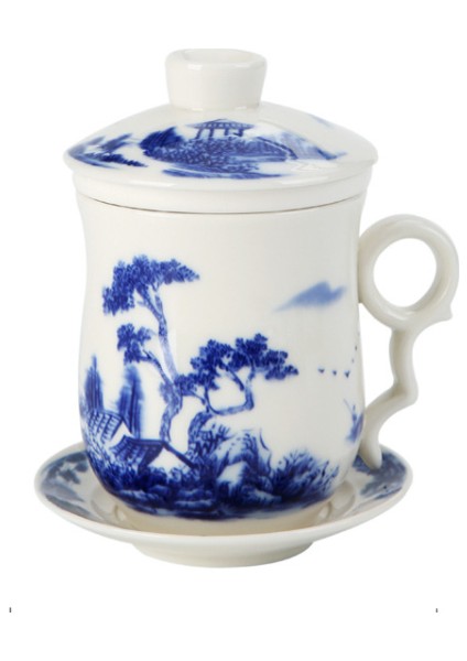 Mavi ve Beyaz Porselen Ofis Teacups Kapaklı Filtre Seramik El Boyalı Su Bardağı Ev Drinkware Hediyeler | Çay Bardakları (Mavi)
