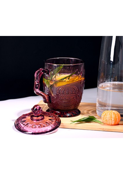 200ML Avrupa Retro Moda Cam Cam Günlük Kullanım Bakkal Içecek Kupası Taç Kapak ve Kolu Isıya Dayanıklı Su Kupası | Oyma (Pembe)