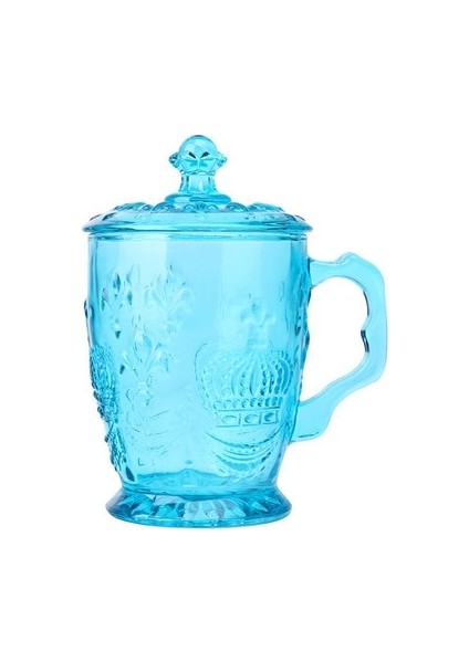 200 ml Avrupa Retro Moda Cam Cam Günlük Kullanım Bakkal Içecek Kupası Taç Kapak ve Saplı Isıya Dayanıklı Su Kupası | Oyma (Mavi)
