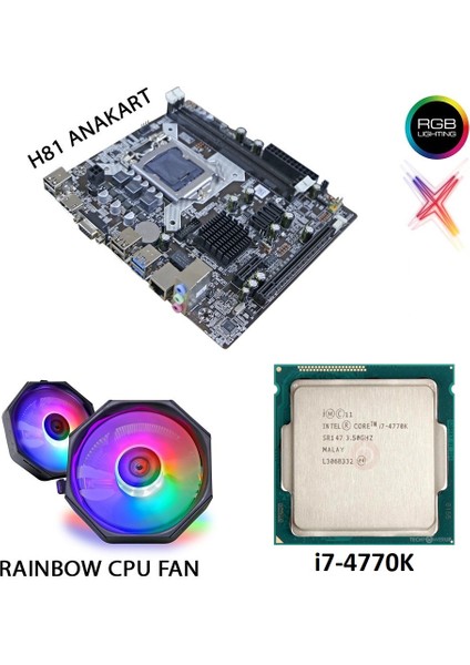 H81 1150 Pin I7-4770K Işlemci Rgb Cpu Fan Anakart Set