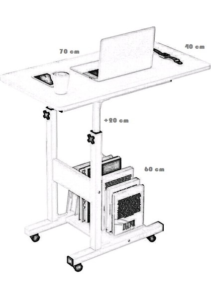 Yükseklik Ayarlı Yatak Sehpası - Atlantik Çam (Tekerli) 70 x 40 cm