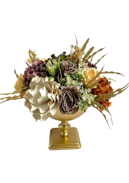 Yapay Çiçek ve Latex Aranjmanı Kare Ayaklı Yuvarlak Metal Gold Vazolu Masa Üstü Çiçeği Arajman 60402 fiyatları