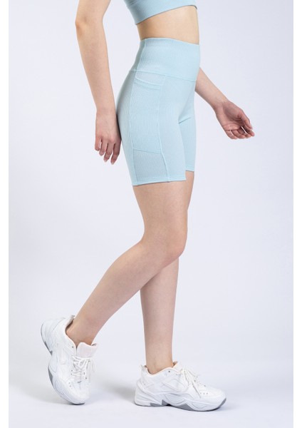 Kadın Mavi Cepli Fitilli Yüksek Bel Spor Şort Tayt 8"